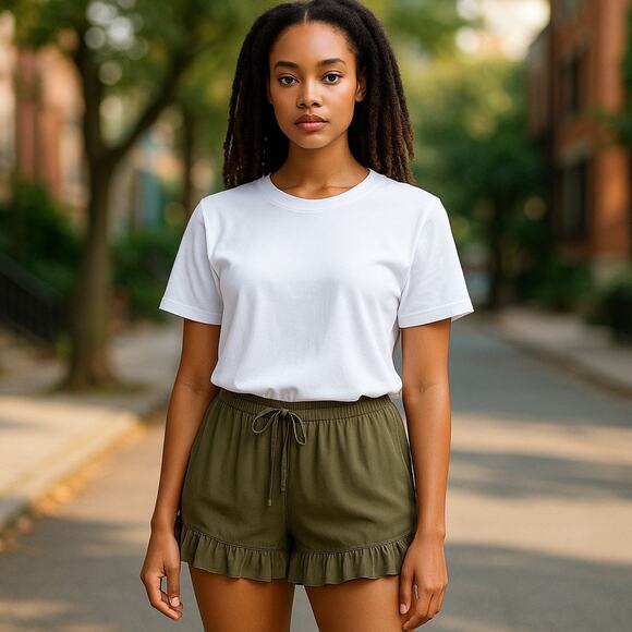 American Eagle Outfitters Women’s Viscose Drawstring Ruffled Shorts Green M - Picture 1 of 6